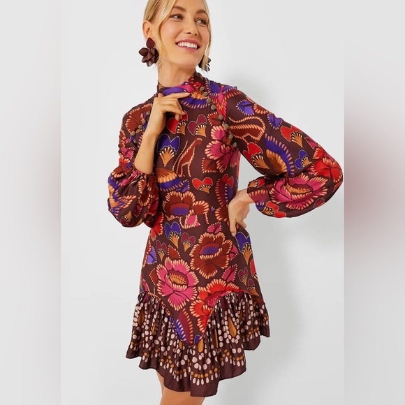 FARM Rio | Tops | Nwt Farm Rio Bright Flora Brown Long Sleeve Mini Dress |  Poshmark